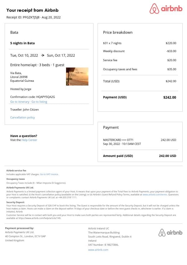 Equatorial Guinea booking Airbnb confirmation Word and PDF template Equatorial Guinea booking Airbnb confirmation Word and PDF template