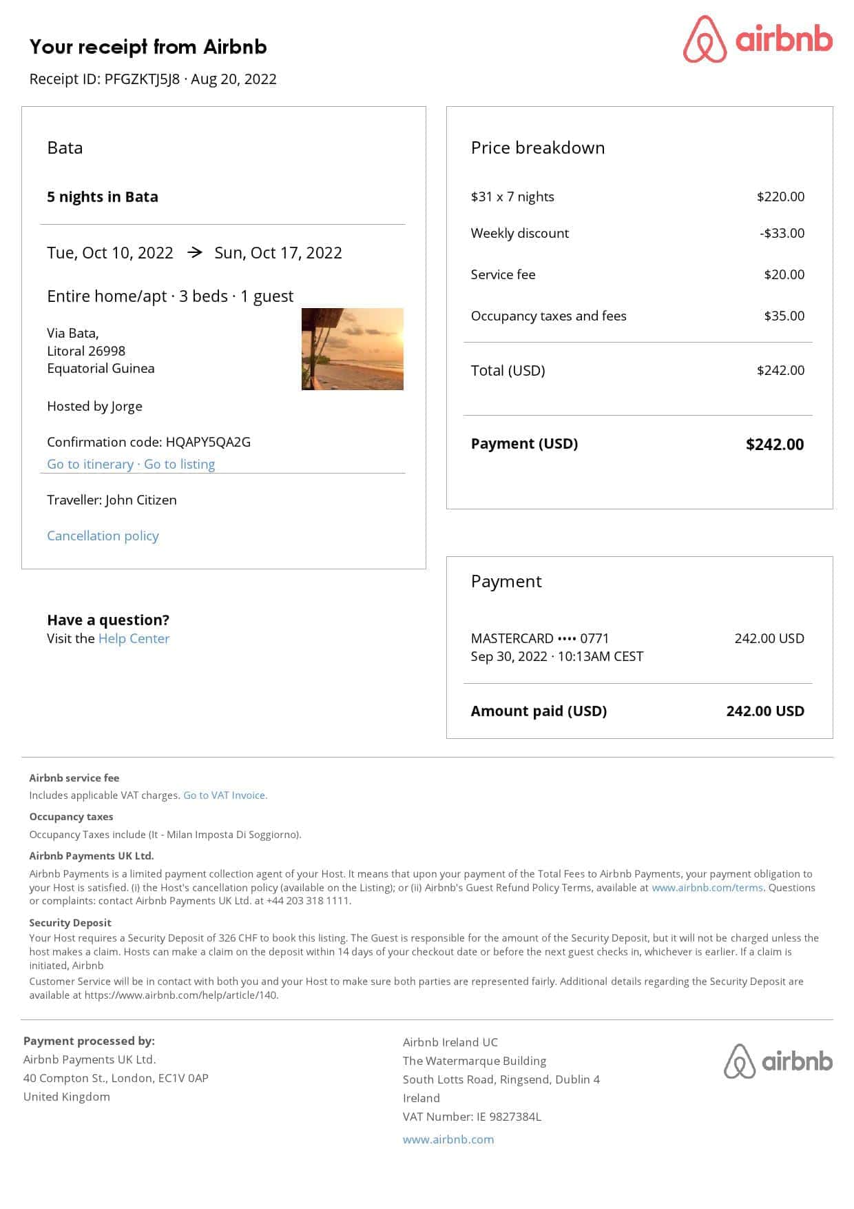 Equatorial Guinea booking Airbnb confirmation Word and PDF template Equatorial Guinea booking Airbnb confirmation Word and PDF template