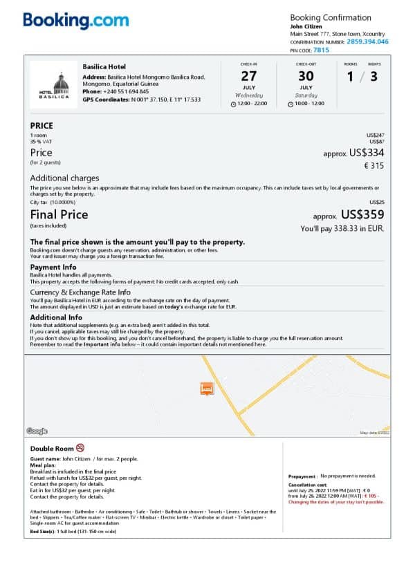 Equatorial Guinea hotel booking confirmation Word and PDF template, 2 pages
