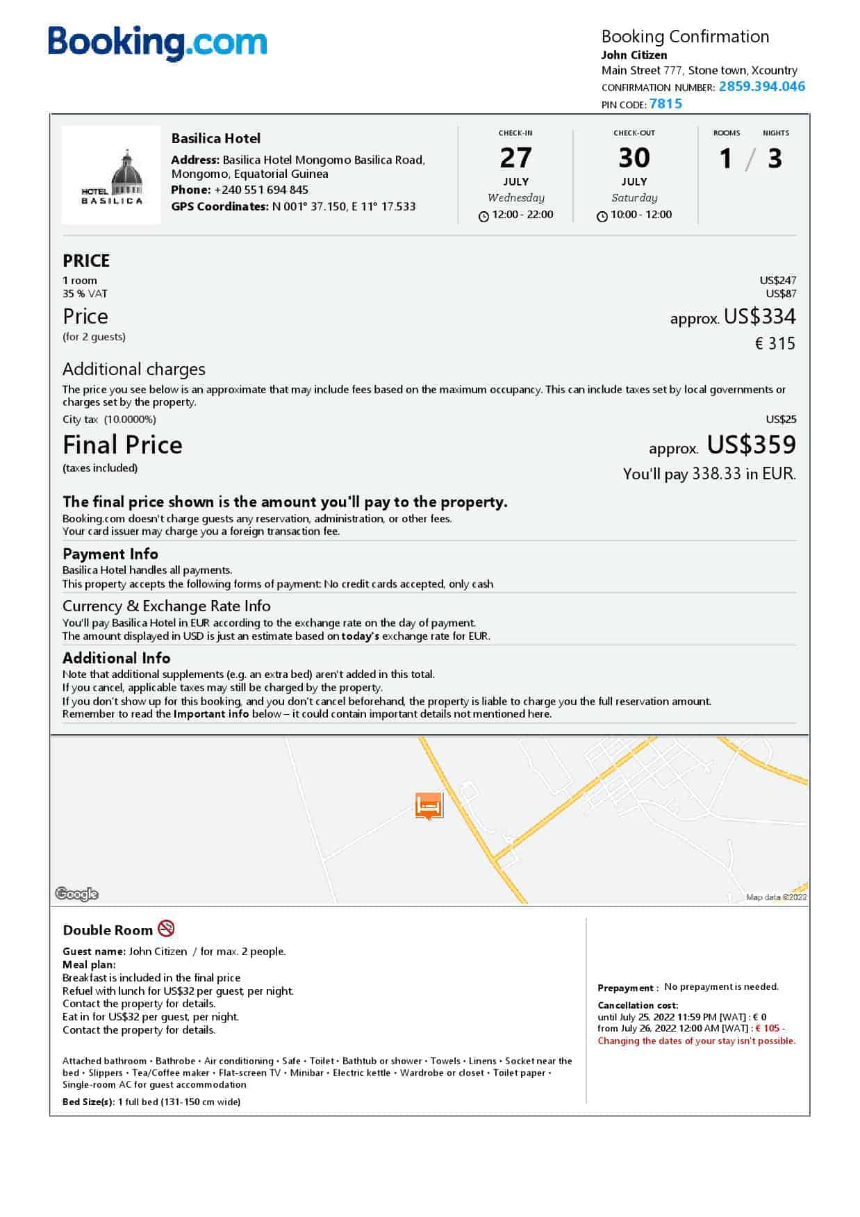 Equatorial Guinea hotel booking confirmation Word and PDF template, 2 pages Equatorial Guinea hotel booking confirmation Word and PDF template, 2 pages