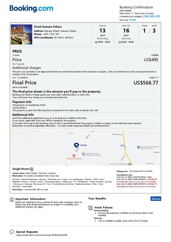 Eritrea hotel booking confirmation Word and PDF template, 2 pages