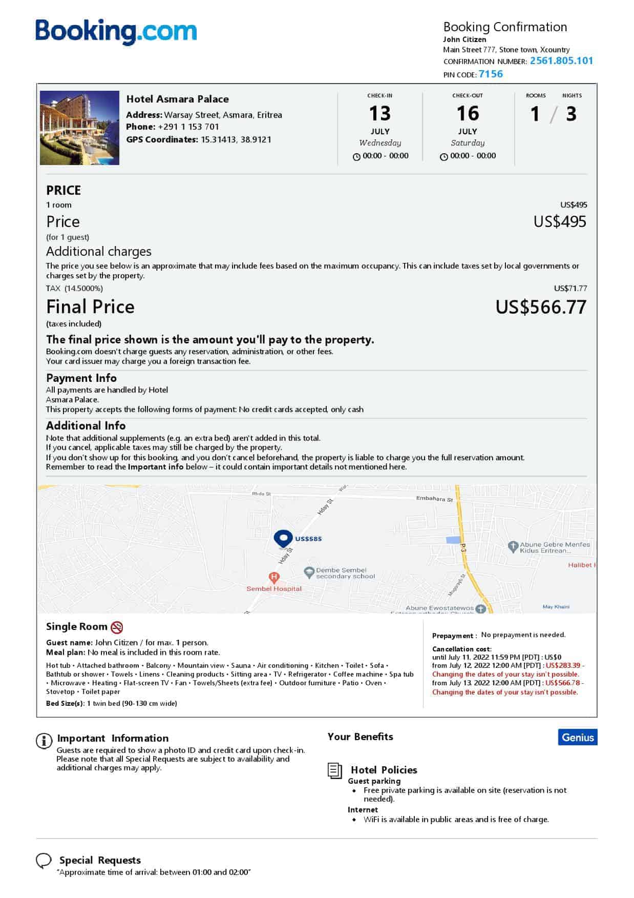Eritrea hotel booking confirmation Word and PDF template, 2 pages Eritrea hotel booking confirmation Word and PDF template, 2 pages