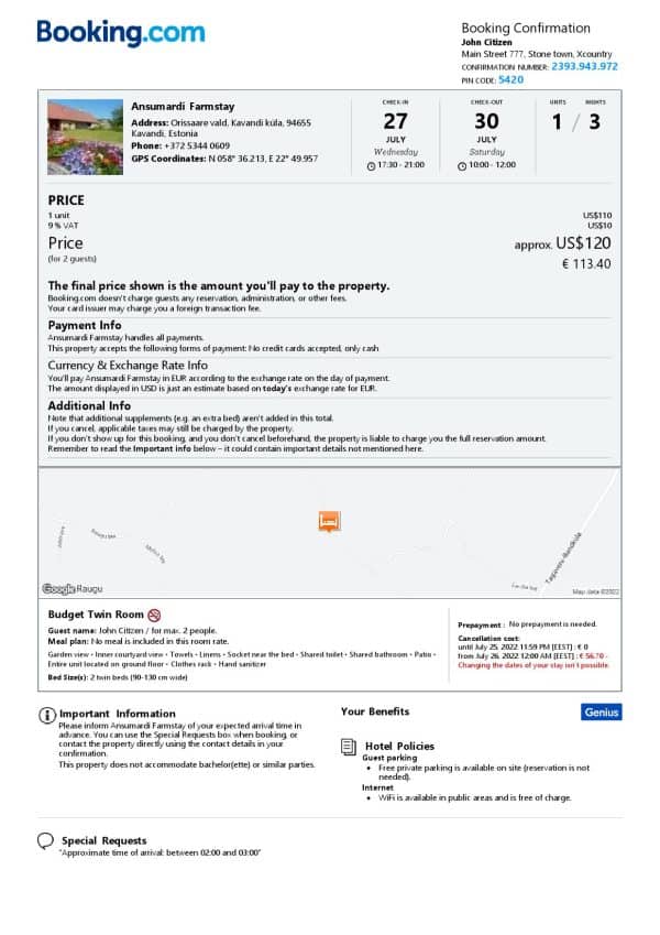 Estonia hotel booking confirmation Word and PDF template, 2 pages