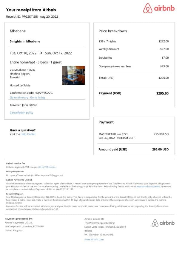 Eswatini (Swaziland) Airbnb reservation confirmation Word and PDF template Eswatini (Swaziland) Airbnb reservation confirmation Word and PDF template