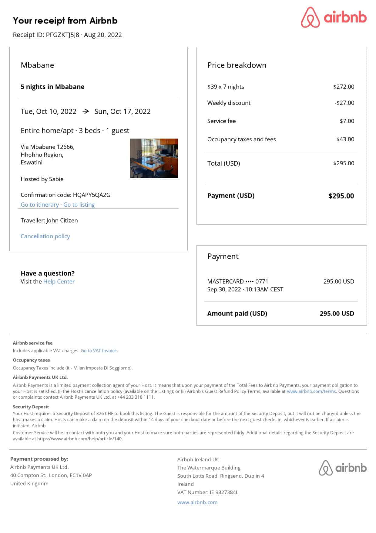 Eswatini (Swaziland) Airbnb reservation confirmation Word and PDF template Eswatini (Swaziland) Airbnb reservation confirmation Word and PDF template