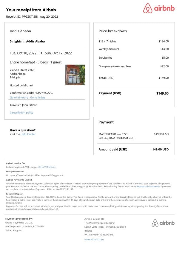 Ethiopia Airbnb booking confirmation Word and PDF template Ethiopia Airbnb booking confirmation Word and PDF template