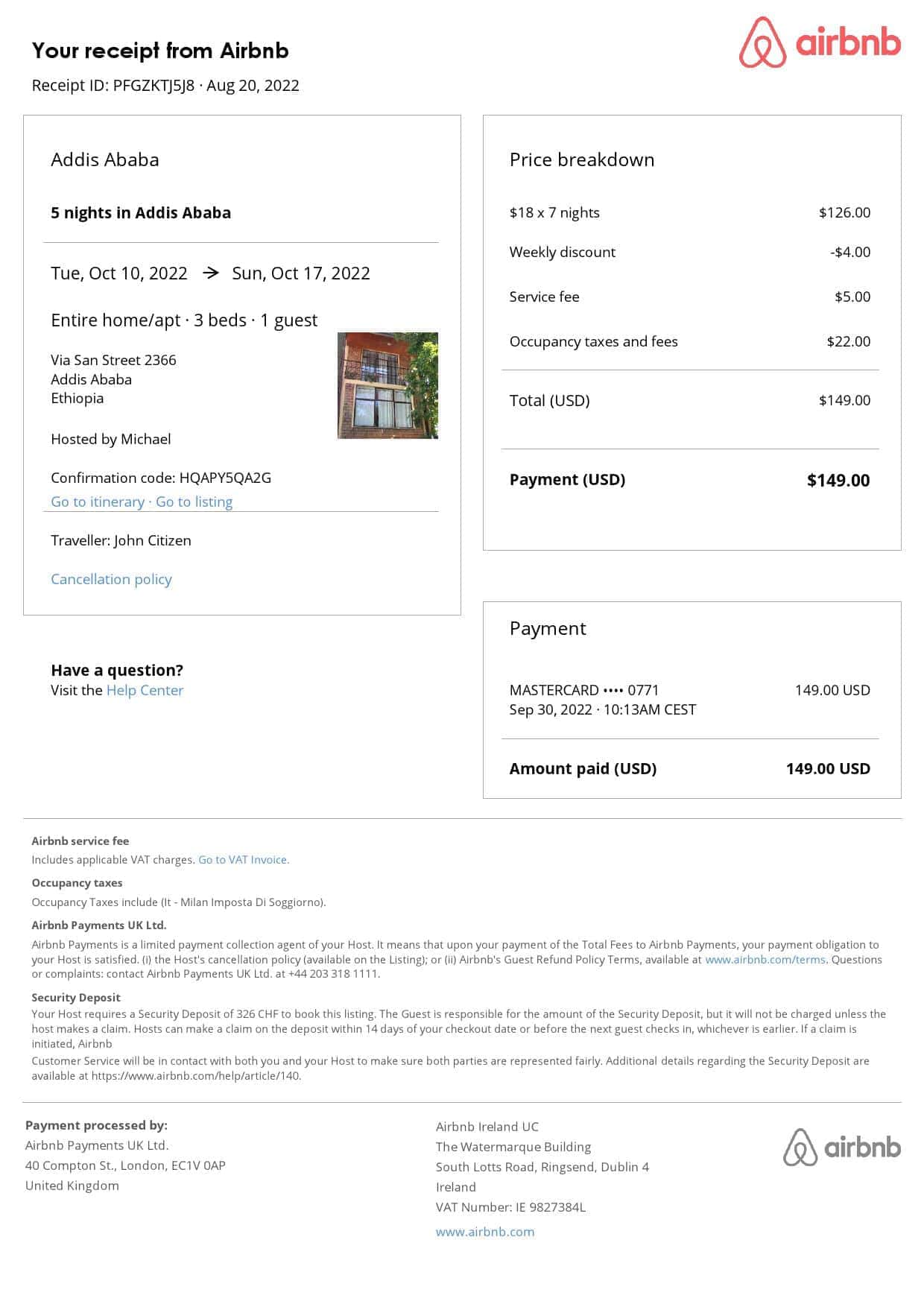 Ethiopia Airbnb booking confirmation Word and PDF template Ethiopia Airbnb booking confirmation Word and PDF template