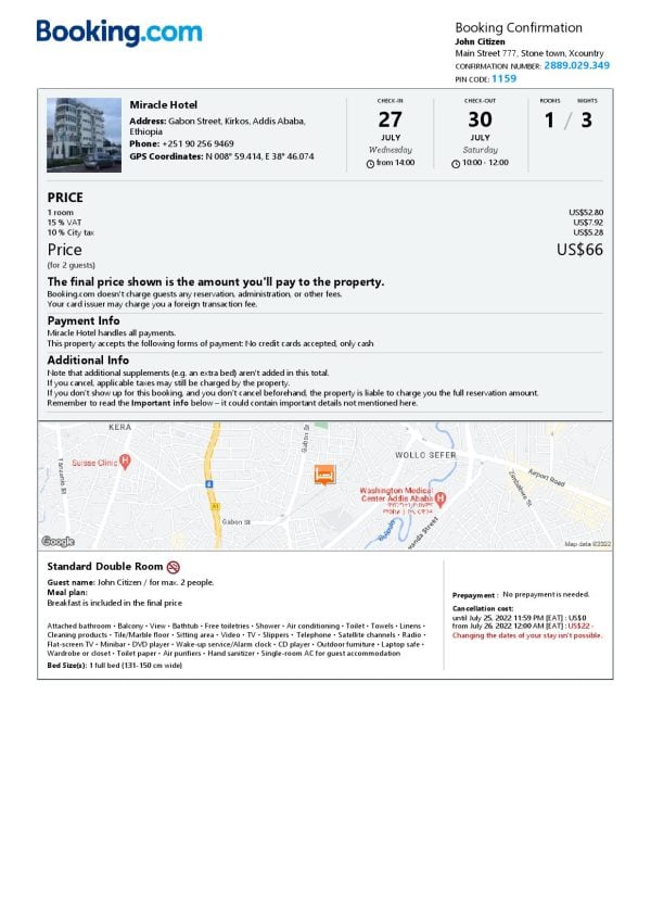 Ethiopia hotel booking confirmation Word and PDF template, 2 pages