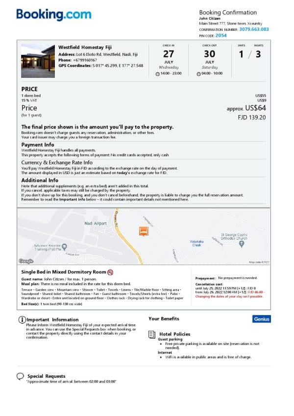 Fiji hotel booking confirmation Word and PDF template, 2 pages