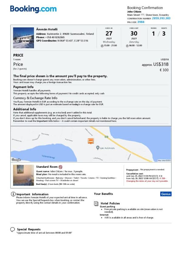 Finland hotel booking confirmation Word and PDF template, 2 pages