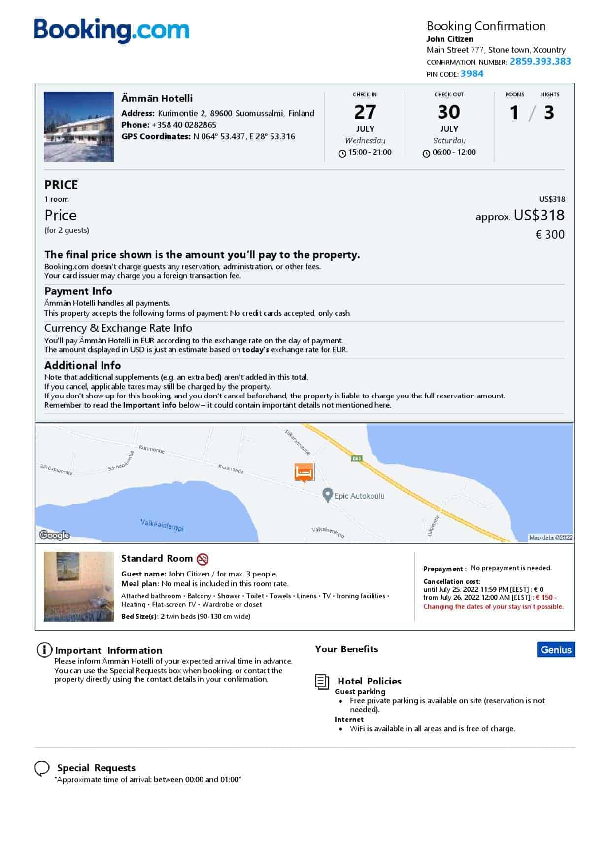 Finland hotel booking confirmation Word and PDF template, 2 pages Finland hotel booking confirmation Word and PDF template, 2 pages