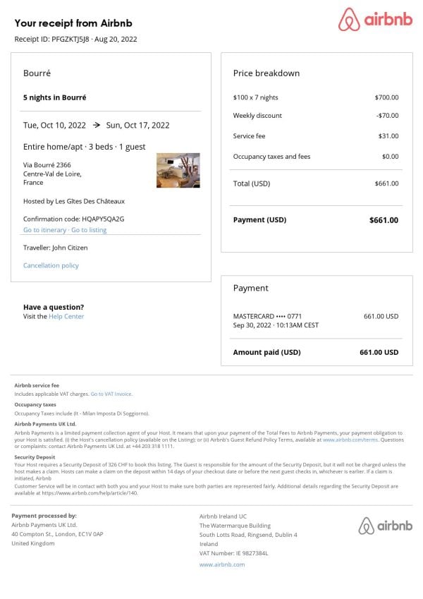 France Airbnb booking confirmation Word and PDF template France Airbnb booking confirmation Word and PDF template