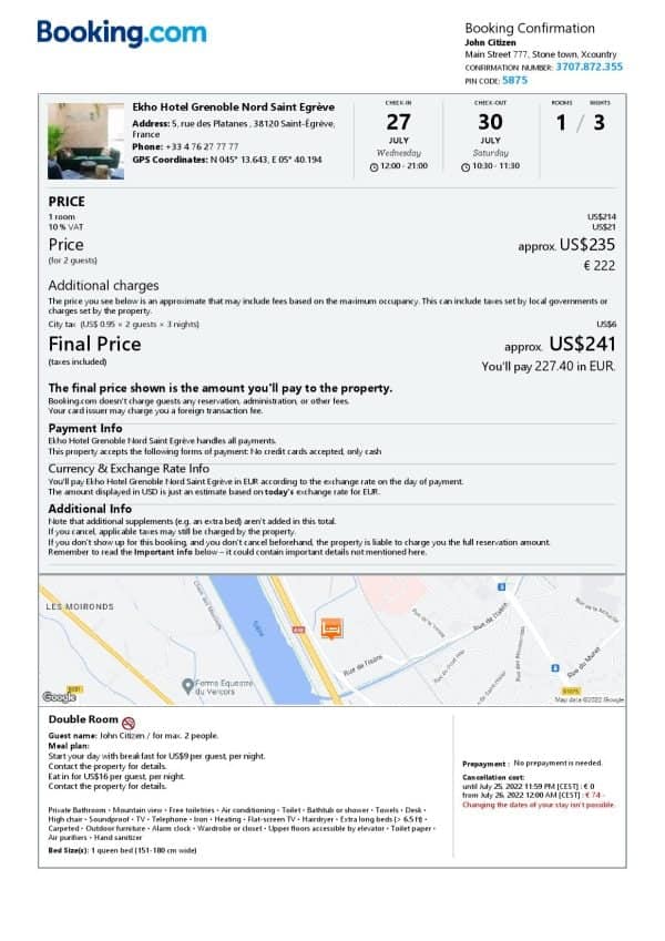France hotel booking confirmation Word and PDF template, 2 pages