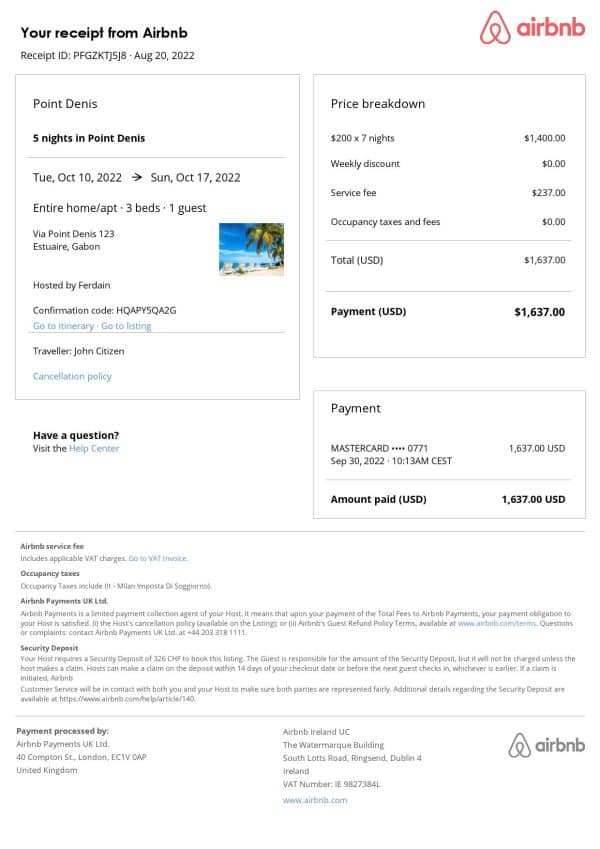 Gabon Airbnb booking confirmation Word and PDF template Gabon Airbnb booking confirmation Word and PDF template