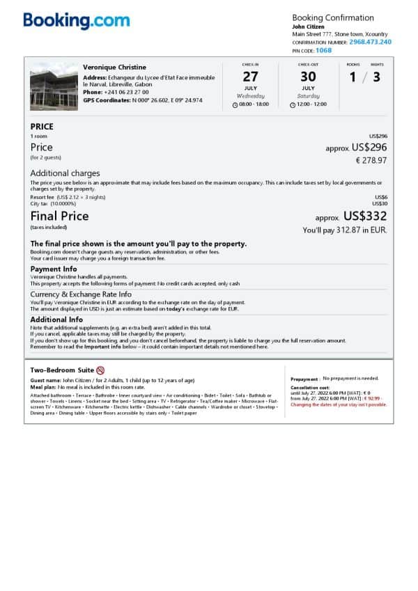 Gabon hotel booking confirmation Word and PDF template, 2 pages