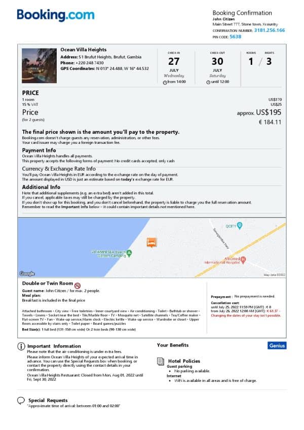 Gambia hotel booking confirmation Word and PDF template, 2 pages