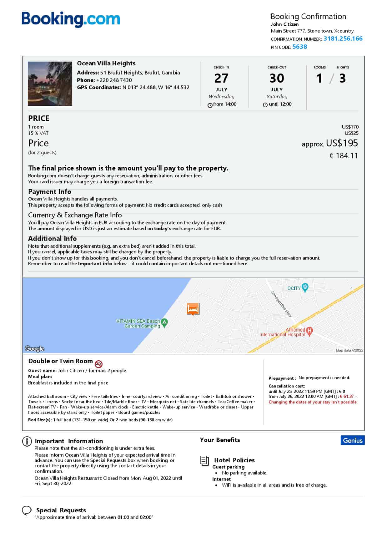 Gambia hotel booking confirmation Word and PDF template, 2 pages Gambia hotel booking confirmation Word and PDF template, 2 pages