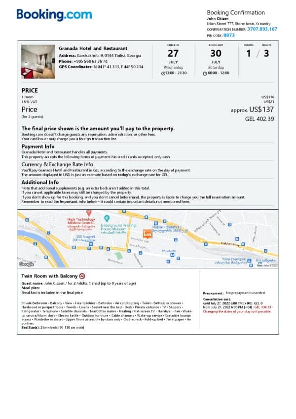 Georgia hotel booking confirmation Word and PDF template, 2 pages