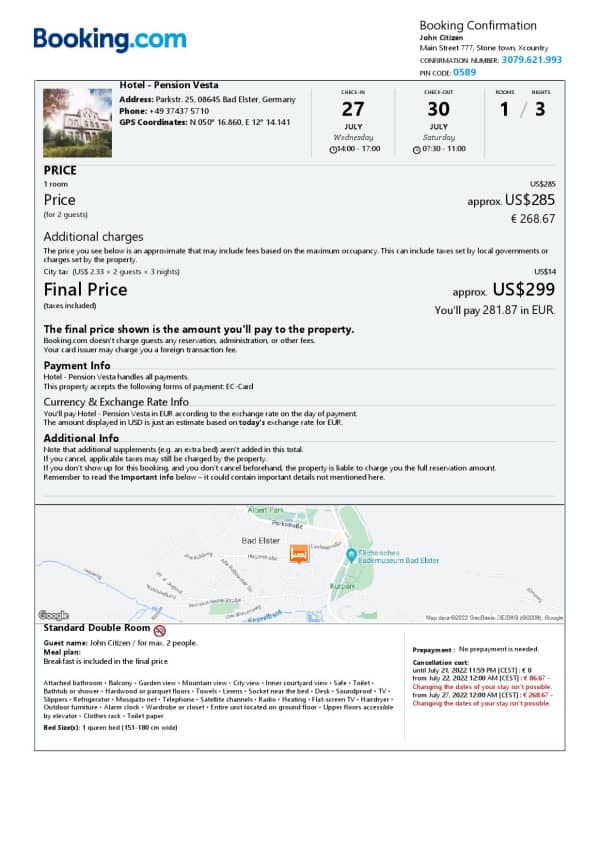 Germany hotel booking confirmation Word and PDF template, 2 pages