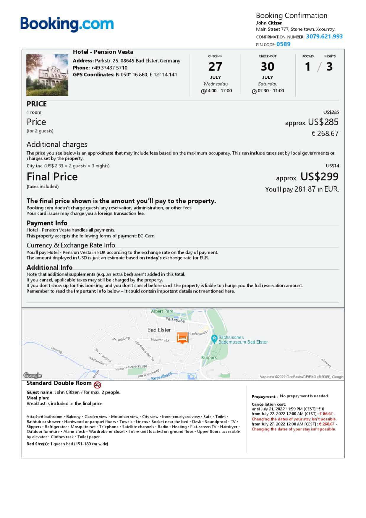Germany hotel booking confirmation Word and PDF template, 2 pages Germany hotel booking confirmation Word and PDF template, 2 pages