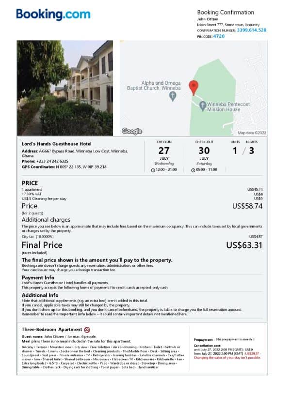 Ghana hotel booking confirmation Word and PDF template, 2 pages
