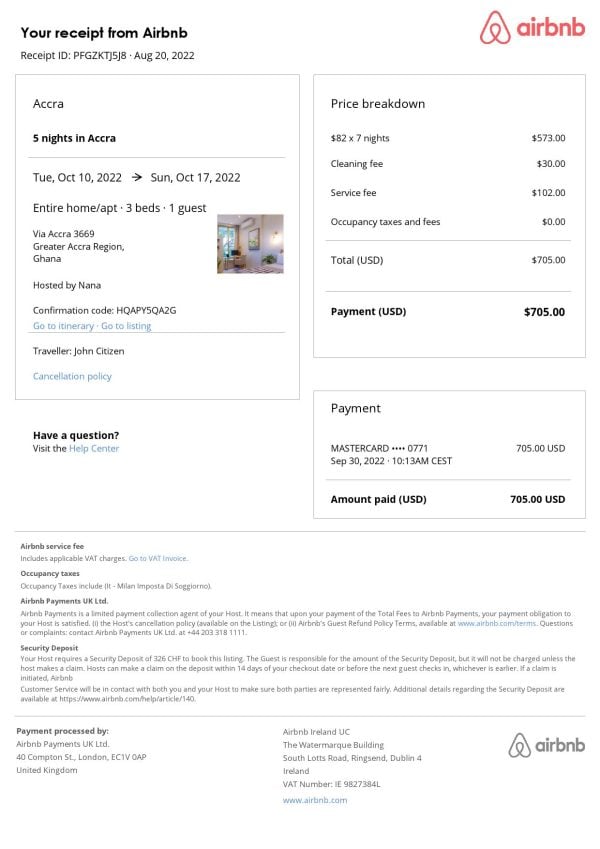 Ghana Airbnb booking confirmation Word and PDF template Ghana Airbnb booking confirmation Word and PDF template