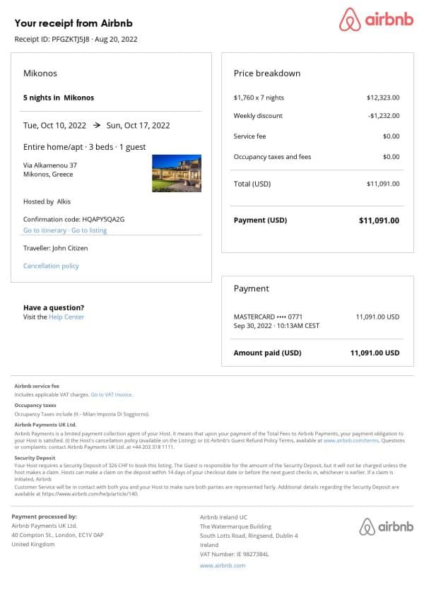 Greece Airbnb booking confirmation Word and PDF template Greece Airbnb booking confirmation Word and PDF template