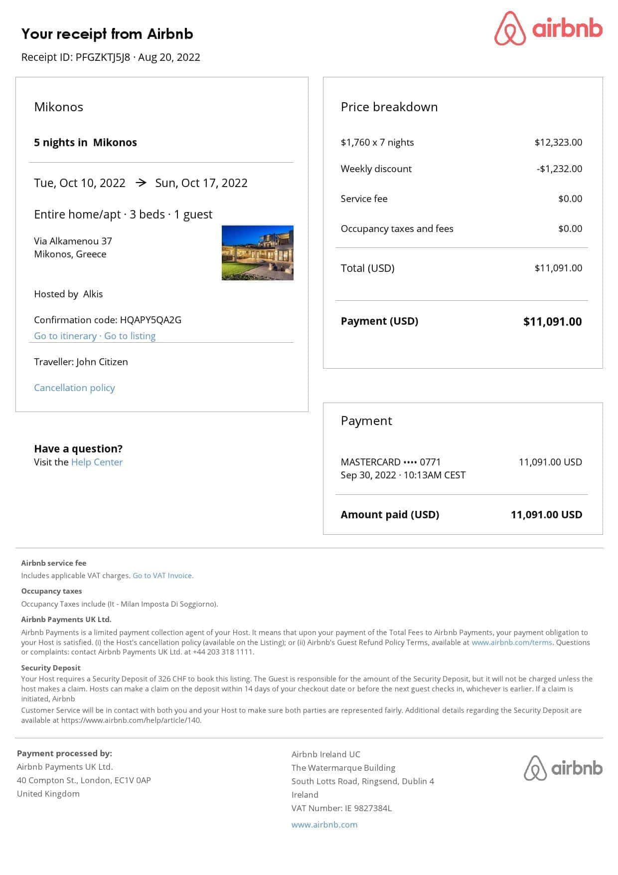 Greece Airbnb booking confirmation Word and PDF template Greece Airbnb booking confirmation Word and PDF template