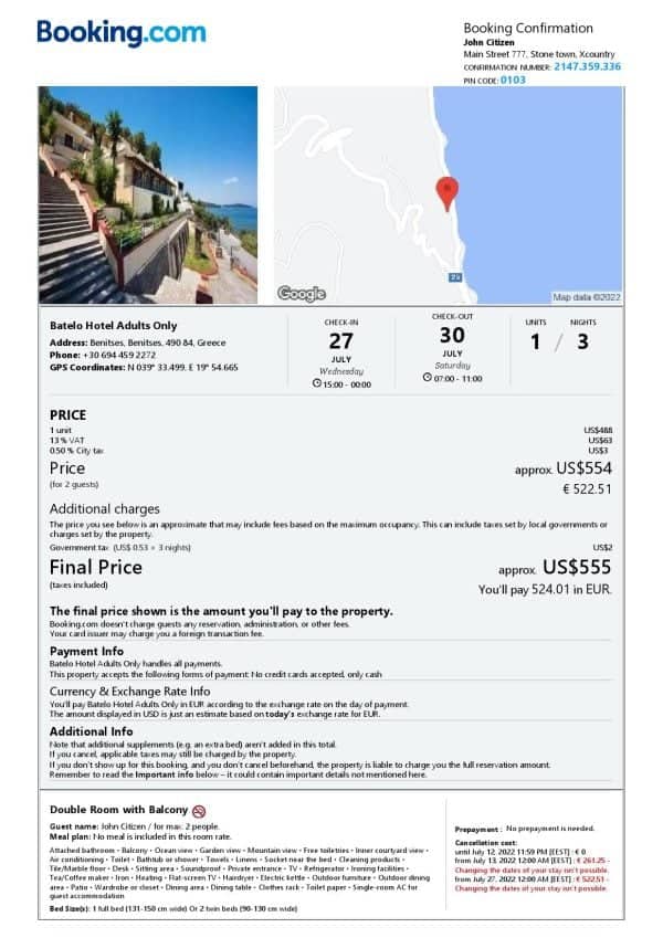 Greece hotel booking confirmation Word and PDF template, 2 pages