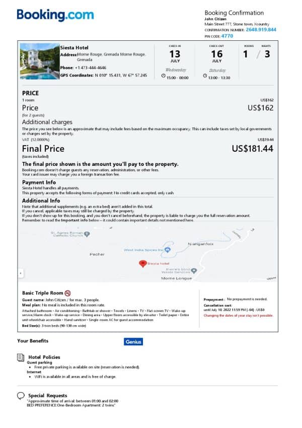Grenada hotel booking confirmation Word and PDF template, 2 pages
