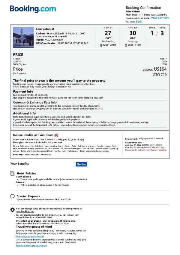 Guatemala hotel booking confirmation Word and PDF template