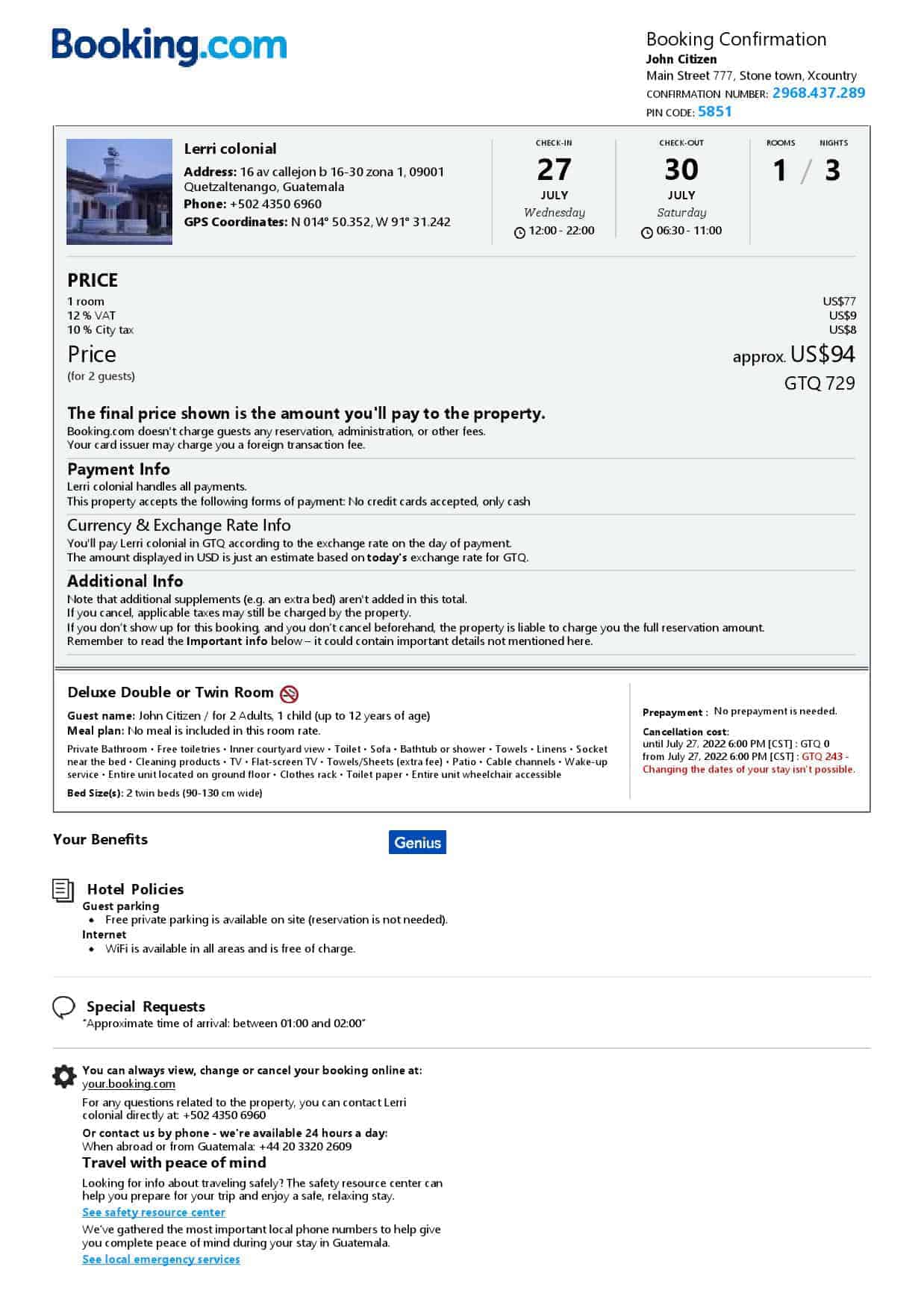 Guatemala hotel booking confirmation Word and PDF template Guatemala hotel booking confirmation Word and PDF template