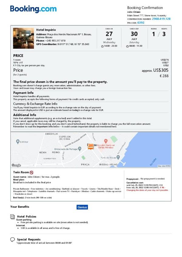 Guinea-Bissau hotel booking confirmation Word and PDF template, 2 pages