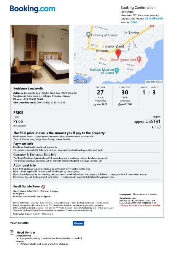 Guinea hotel booking confirmation Word and PDF template, 2 pages