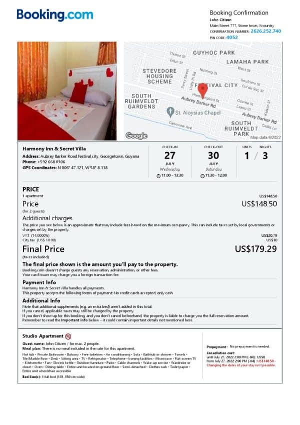 Guyana hotel booking confirmation Word and PDF template, 2 pages