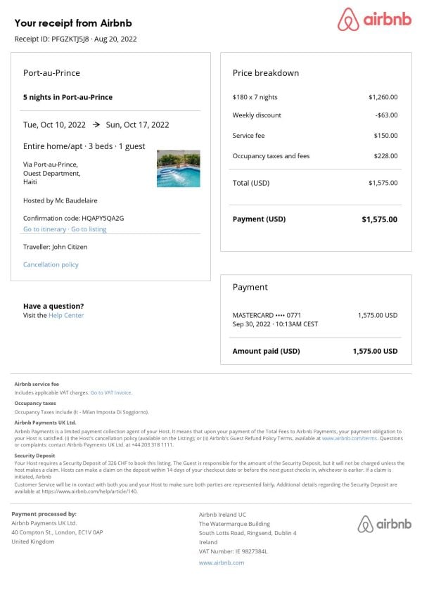 Haiti Airbnb booking confirmation Word and PDF template Haiti Airbnb booking confirmation Word and PDF template