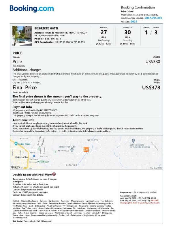 Haiti hotel booking confirmation Word and PDF template, 2 pages