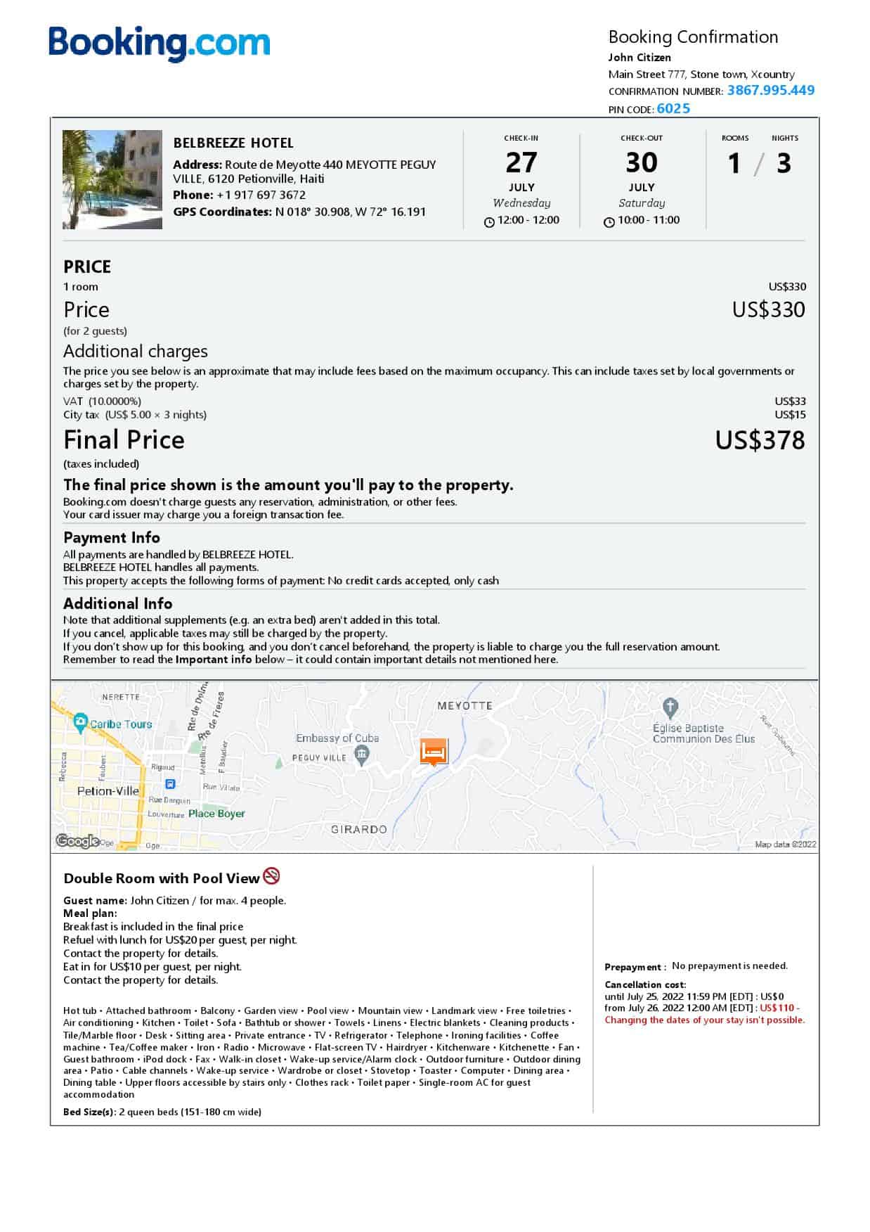 Haiti hotel booking confirmation Word and PDF template, 2 pages Haiti hotel booking confirmation Word and PDF template, 2 pages