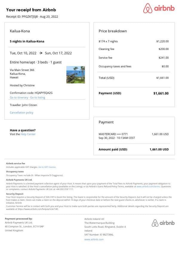Hawaii Airbnb booking confirmation Word and PDF template Hawaii Airbnb booking confirmation Word and PDF template