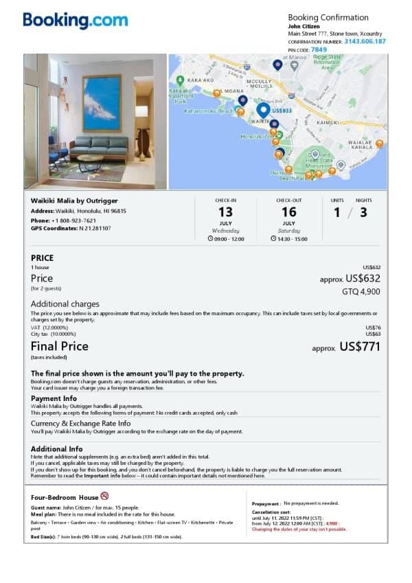 Hawaii hotel booking confirmation Word and PDF template, 2 pages