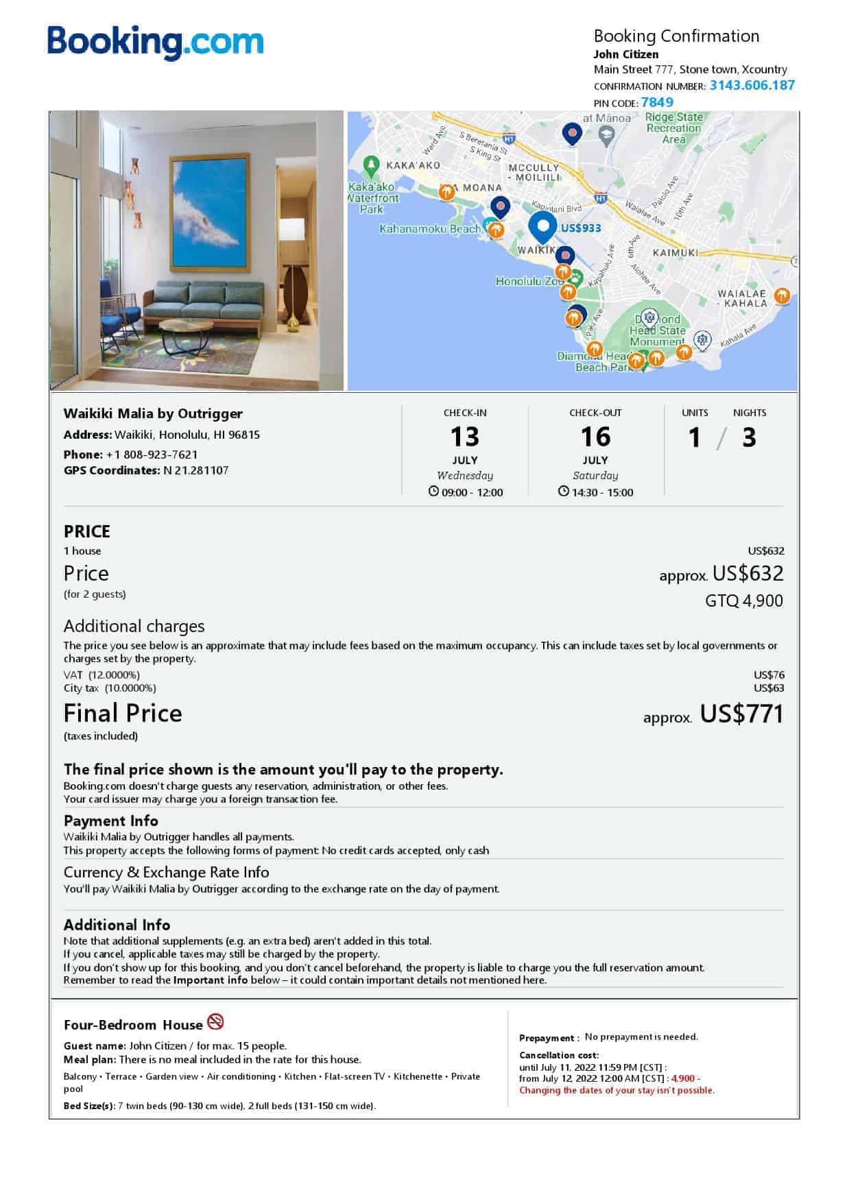 Hawaii hotel booking confirmation Word and PDF template, 2 pages Hawaii hotel booking confirmation Word and PDF template, 2 pages