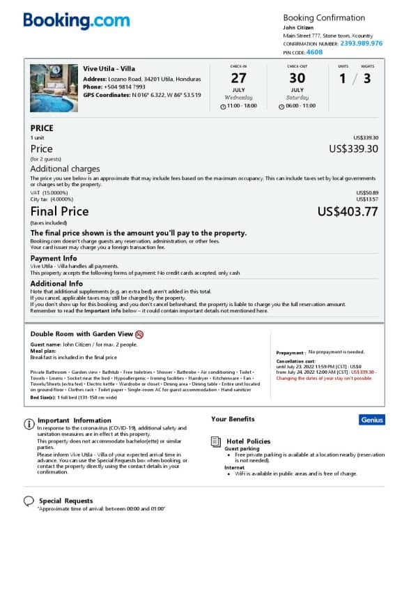 Honduras hotel booking confirmation Word and PDF template, 2 pages