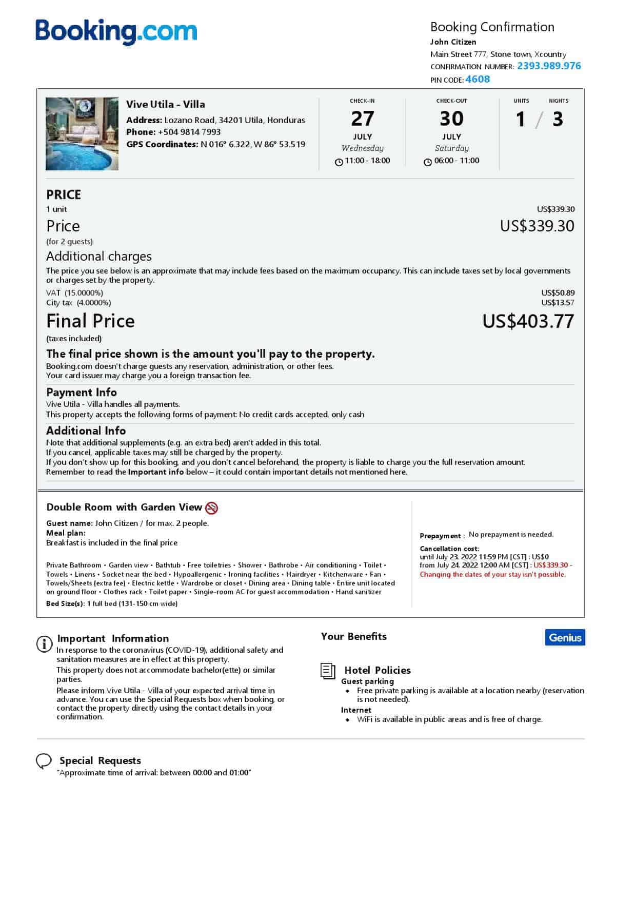 Honduras hotel booking confirmation Word and PDF template, 2 pages Honduras hotel booking confirmation Word and PDF template, 2 pages