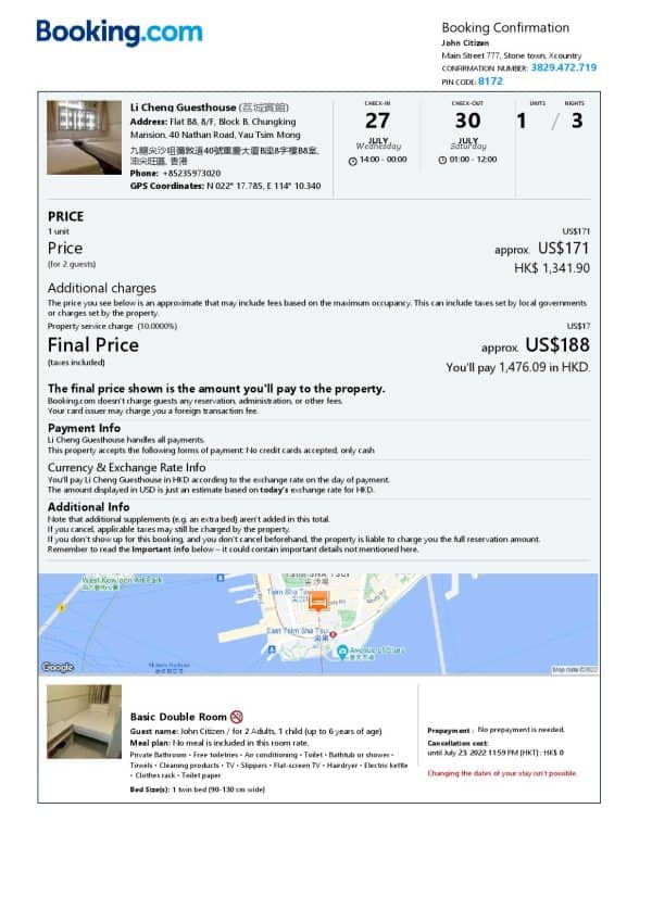 Hong Kong hotel booking confirmation Word and PDF template, 2 pages