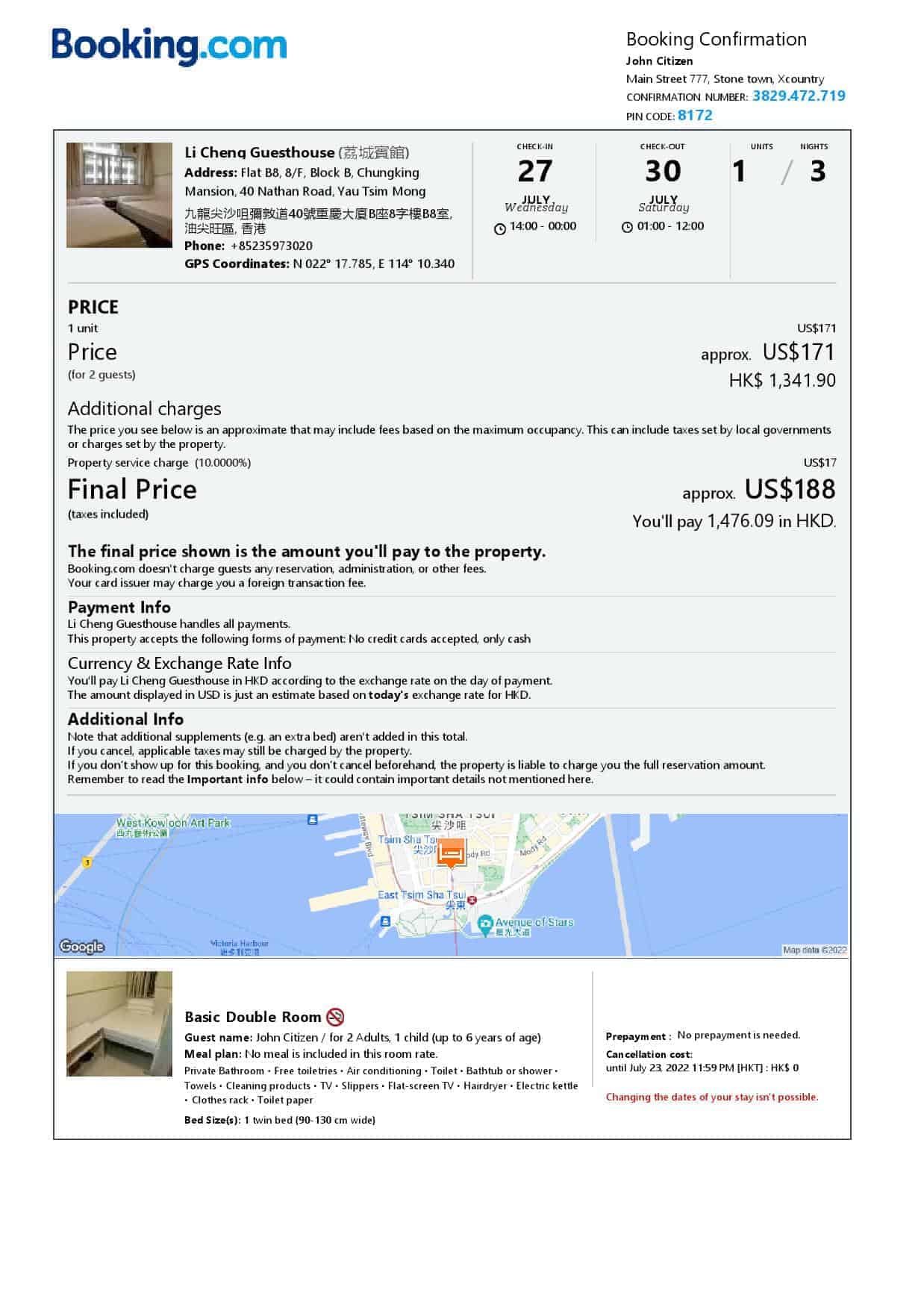 Hong Kong hotel booking confirmation Word and PDF template, 2 pages Hong Kong hotel booking confirmation Word and PDF template, 2 pages