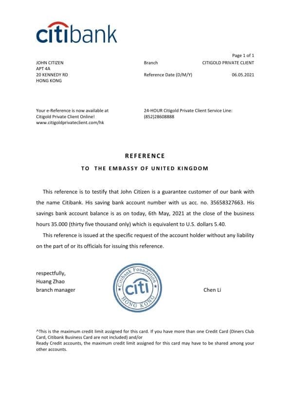 Hong Kong Citibank reference letter template in Word and PDF format
