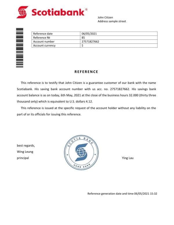 Hong Kong Scotiabank reference letter template in Word and PDF format