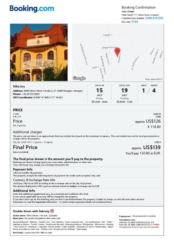 Hungary hotel booking confirmation Word and PDF template, 2 pages