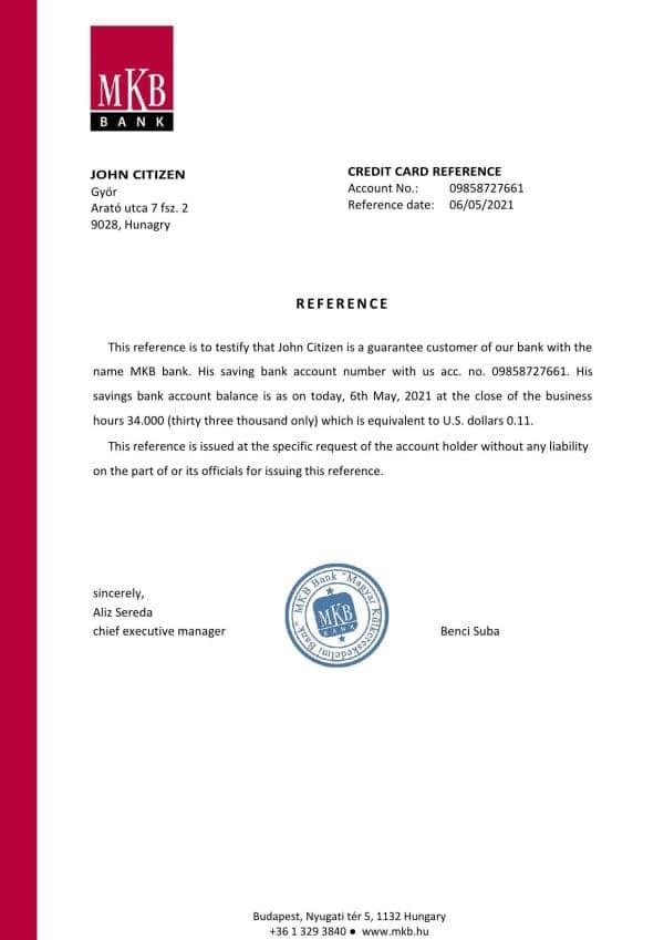 Hungary MKB bank reference letter template in Word and PDF format