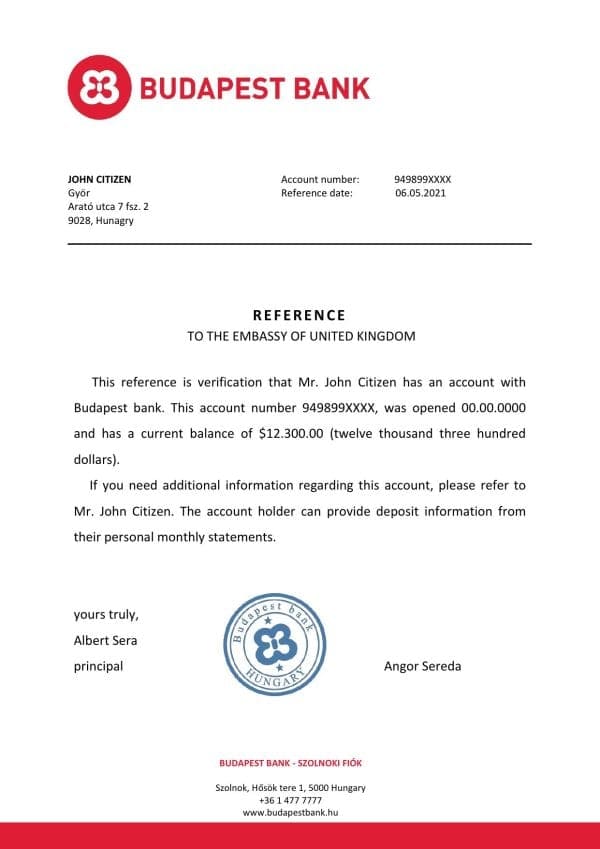 Hungary Budapest bank reference letter template in Word and PDF format